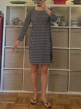 J. Crew Navy and White Geometric Long-Sleeve Shift Dress